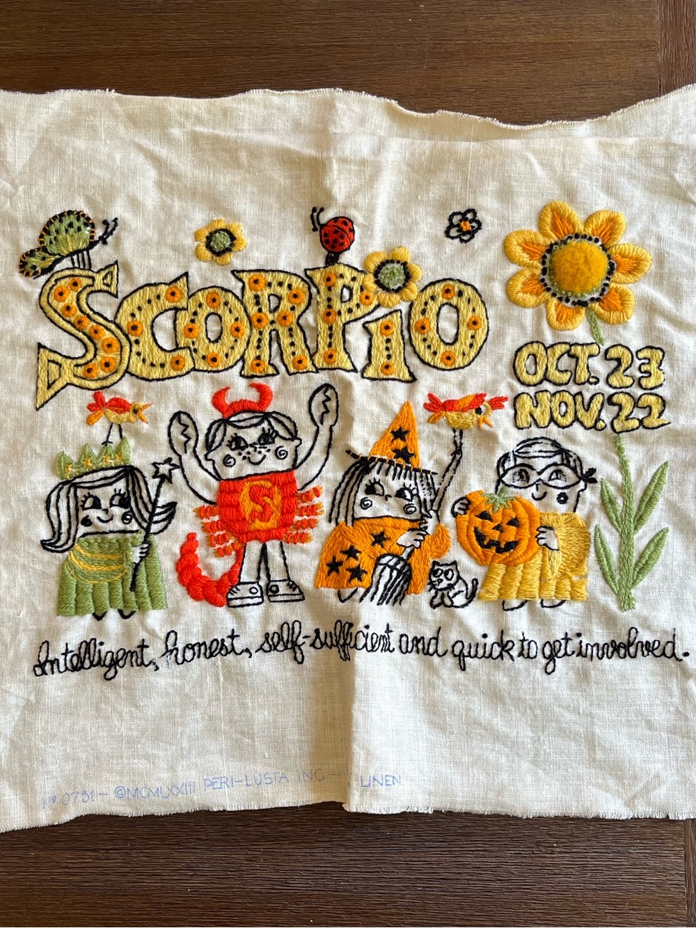 Scorpio Crewel Embroidery | Wall Art | Completed | Unframed | 16”x20-1/2” Fabric